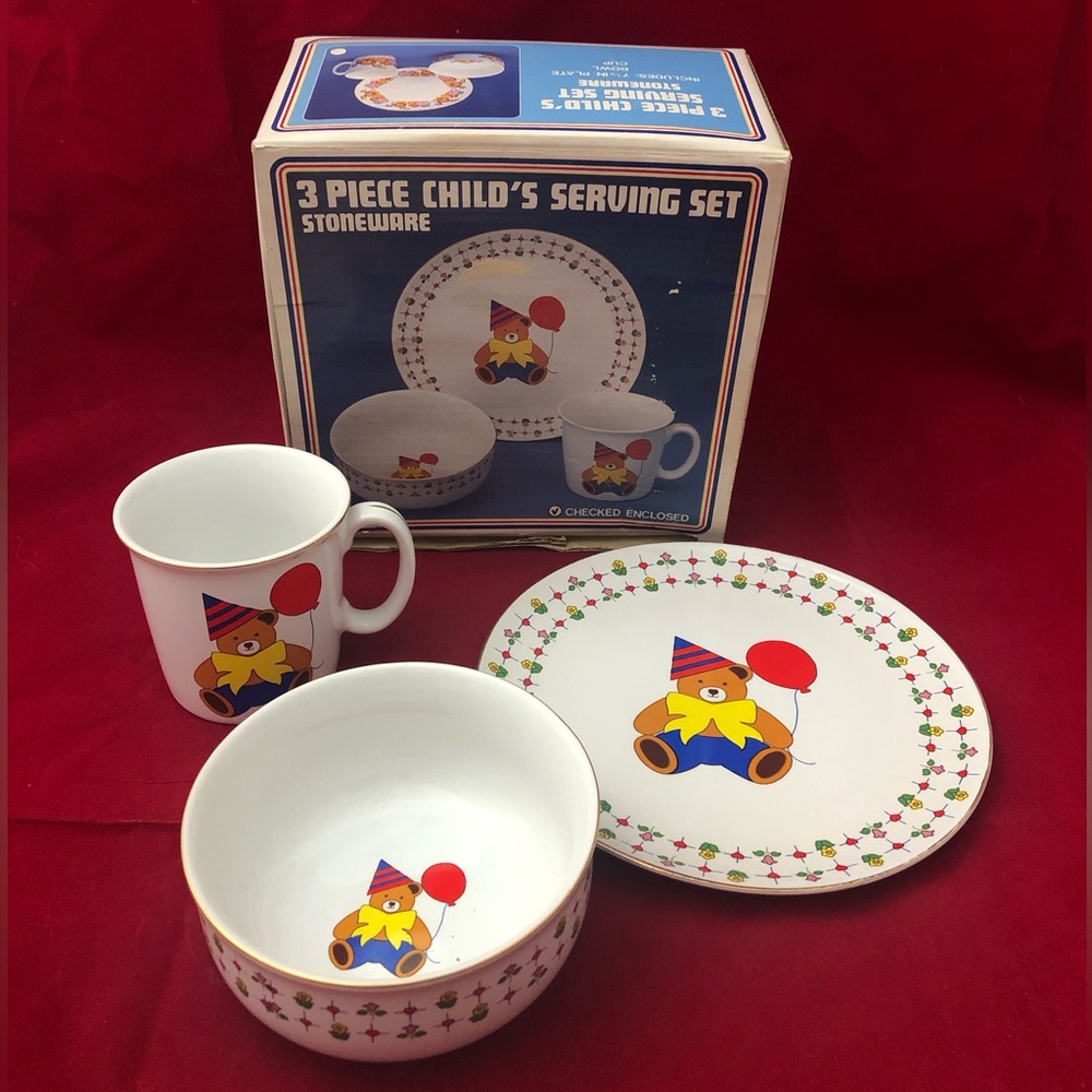 Vintage 3 piece Child Serving Set Stoneware With Teddy Bear Clown and Flowers